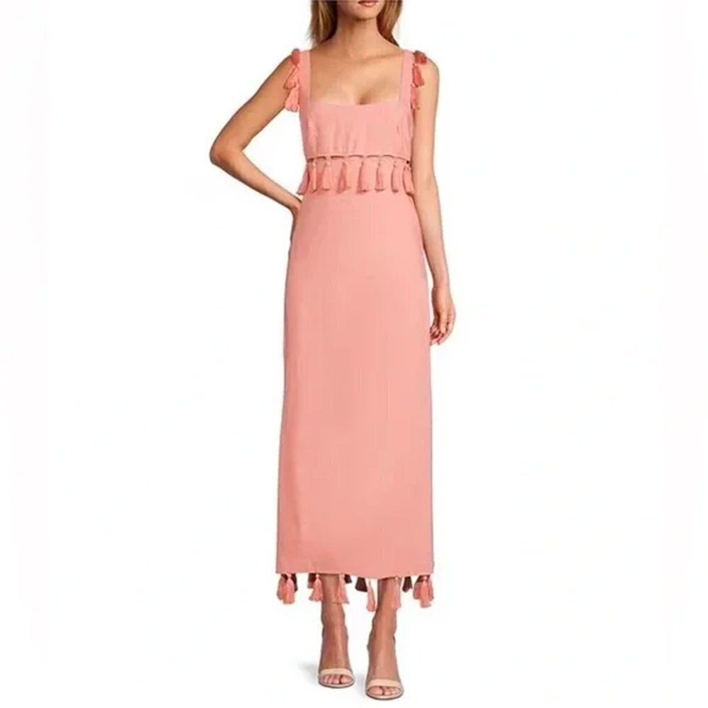 ANTONIO MELANI Rose Pink Tassel-Trim Square Neck Maxi Dress